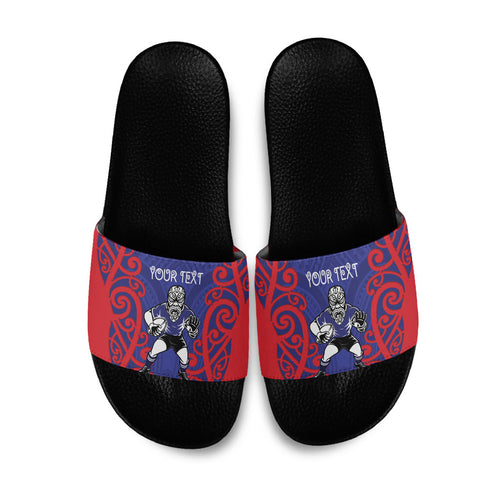 Tasman Custom Rugby New Zealand Slide Sandals Aotearoa Maori Pukana Tiki Mascot