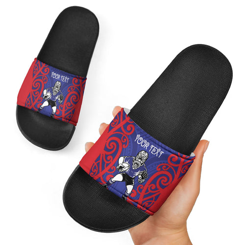 Tasman Custom Rugby New Zealand Slide Sandals Aotearoa Maori Pukana Tiki Mascot