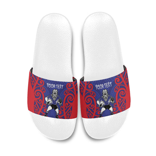 Tasman Custom Rugby New Zealand Slide Sandals Aotearoa Maori Pukana Tiki Mascot