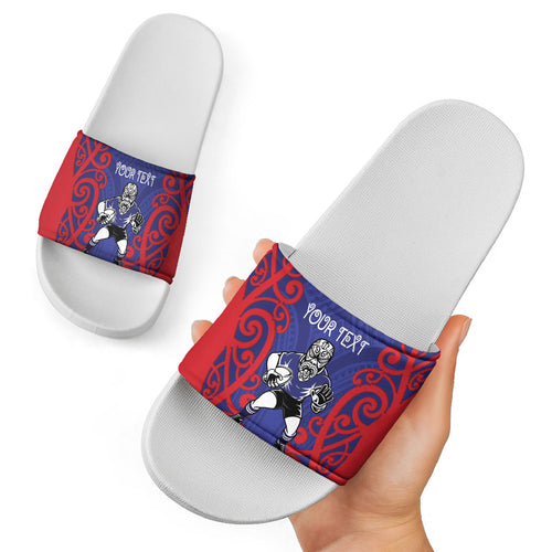 Tasman Custom Rugby New Zealand Slide Sandals Aotearoa Maori Pukana Tiki Mascot