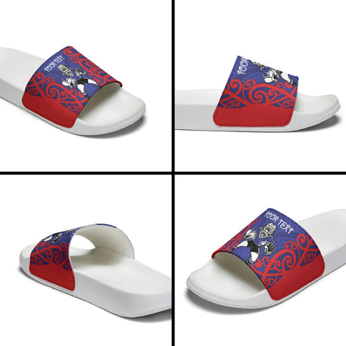 Tasman Custom Rugby New Zealand Slide Sandals Aotearoa Maori Pukana Tiki Mascot