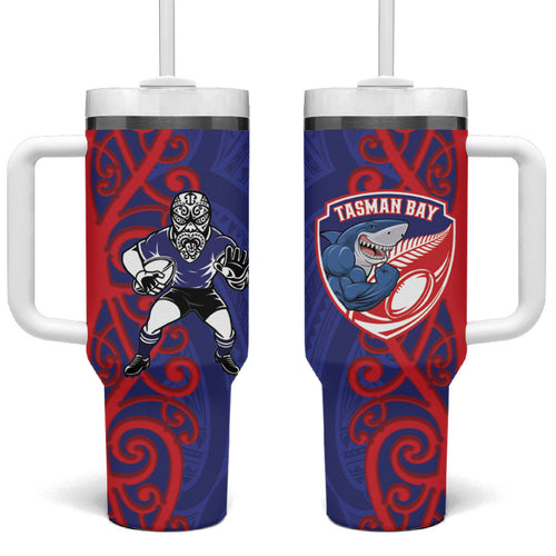 Tasman Custom Rugby New Zealand Tumbler With Handle Aotearoa Maori Pukana Tiki Mascot