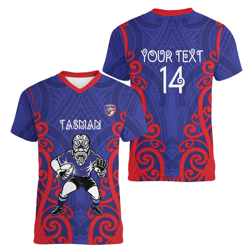 Tasman Custom Rugby New Zealand Women V-Neck T-Shirt Aotearoa Maori Pukana Tiki Mascot