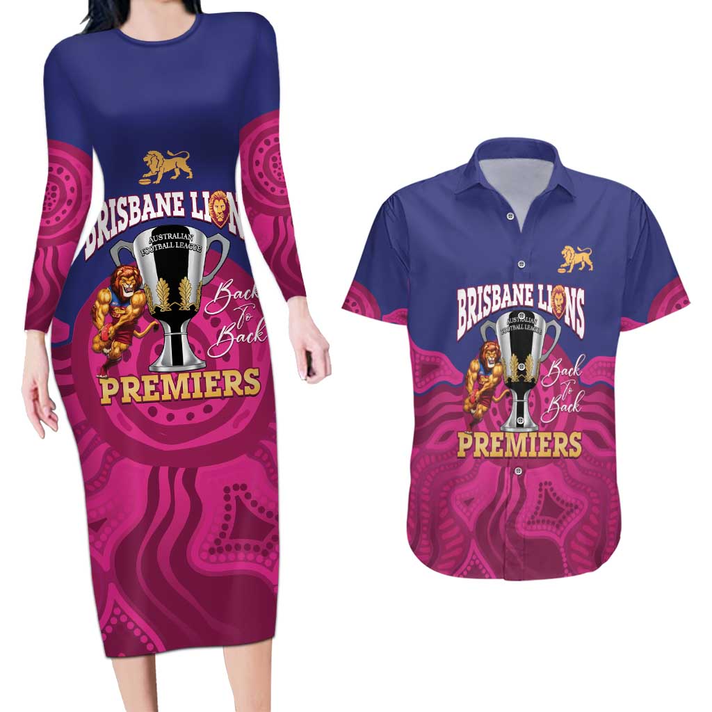 AFL Lions Football Custom Couples Matching Long Sleeve Bodycon Dress and Hawaiian Shirt Brisbane Premiers Back To Back Proud - Aussie Hoodie