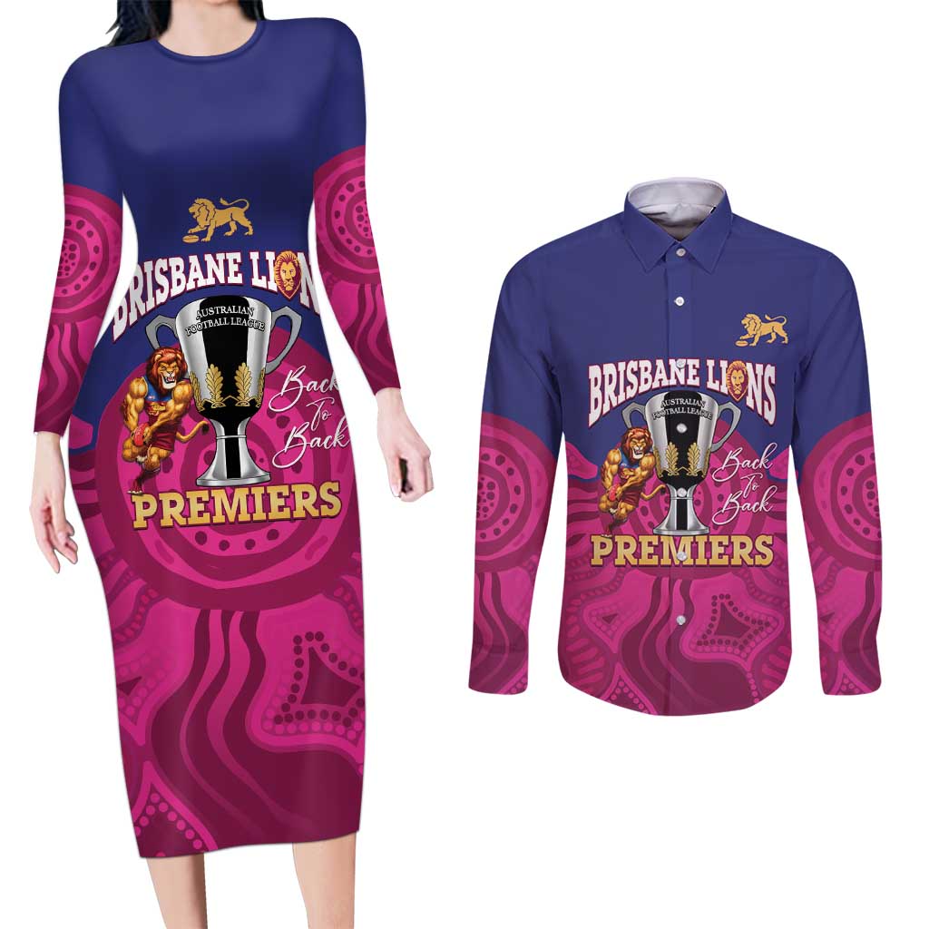 AFL Lions Football Custom Couples Matching Long Sleeve Bodycon Dress and Long Sleeve Button Shirt Brisbane Premiers Back To Back Proud - Aussie Hoodie