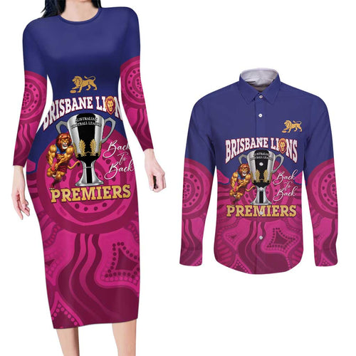 AFL Lions Football Custom Couples Matching Long Sleeve Bodycon Dress and Long Sleeve Button Shirt Brisbane Premiers Back To Back Proud - Aussie Hoodie