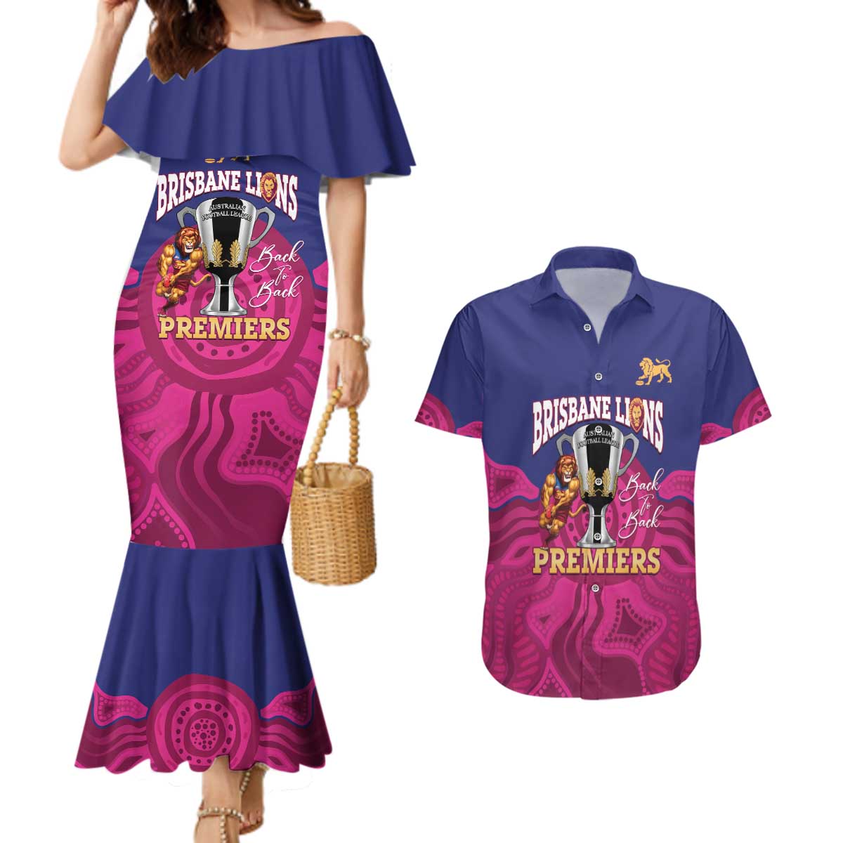 AFL Lions Football Custom Couples Matching Mermaid Dress and Hawaiian Shirt Brisbane Premiers Back To Back Proud - Aussie Hoodie