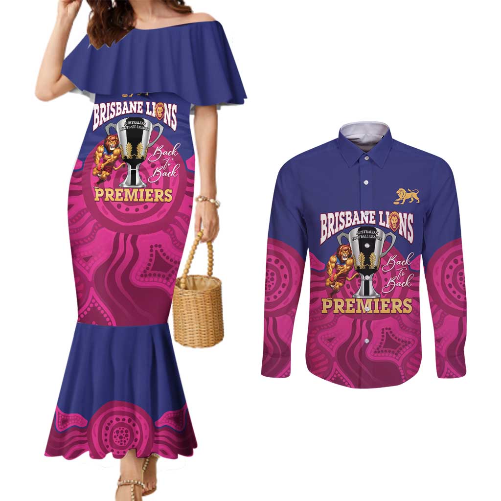 AFL Lions Football Custom Couples Matching Mermaid Dress and Long Sleeve Button Shirt Brisbane Premiers Back To Back Proud - Aussie Hoodie