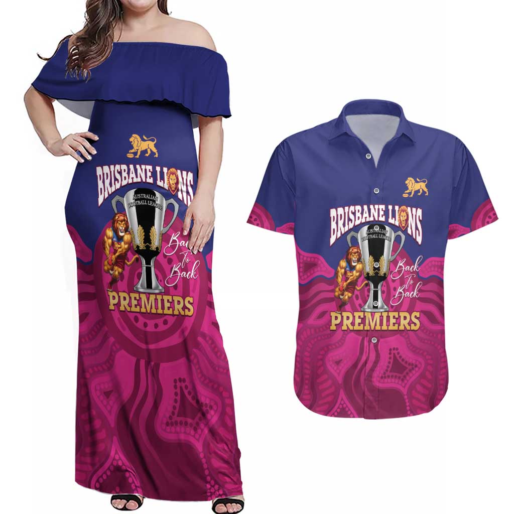 AFL Lions Football Custom Couples Matching Off Shoulder Maxi Dress and Hawaiian Shirt Brisbane Premiers Back To Back Proud - Aussie Hoodie