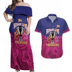 AFL Lions Football Custom Couples Matching Off Shoulder Maxi Dress and Hawaiian Shirt Brisbane Premiers Back To Back Proud - Aussie Hoodie