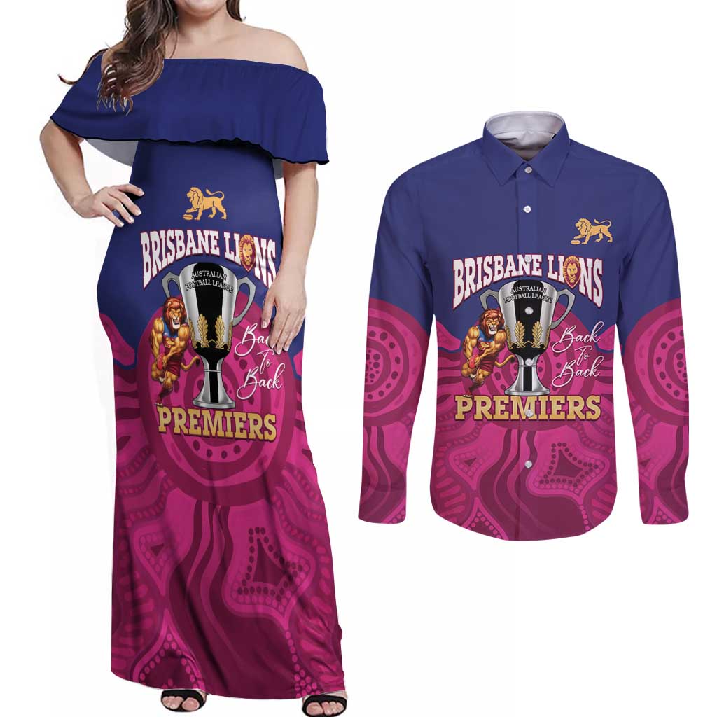 AFL Lions Football Custom Couples Matching Off Shoulder Maxi Dress and Long Sleeve Button Shirt Brisbane Premiers Back To Back Proud - Aussie Hoodie