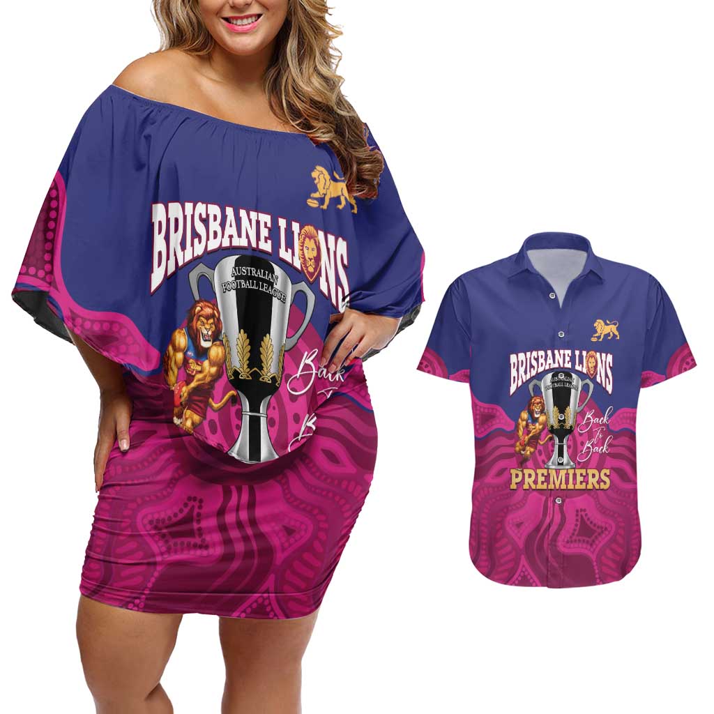 AFL Lions Football Custom Couples Matching Off Shoulder Short Dress and Hawaiian Shirt Brisbane Premiers Back To Back Proud - Aussie Hoodie