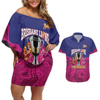 AFL Lions Football Custom Couples Matching Off Shoulder Short Dress and Hawaiian Shirt Brisbane Premiers Back To Back Proud - Aussie Hoodie