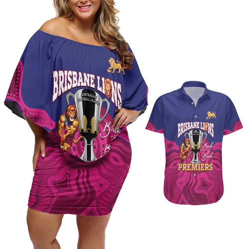 AFL Lions Football Custom Couples Matching Off Shoulder Short Dress and Hawaiian Shirt Brisbane Premiers Back To Back Proud - Aussie Hoodie