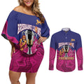 AFL Lions Football Custom Couples Matching Off Shoulder Short Dress and Long Sleeve Button Shirt Brisbane Premiers Back To Back Proud - Aussie Hoodie