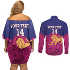AFL Lions Football Custom Couples Matching Off Shoulder Short Dress and Long Sleeve Button Shirt Brisbane Premiers Back To Back Proud - Aussie Hoodie