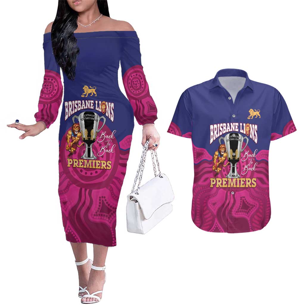 AFL Lions Football Custom Couples Matching Off The Shoulder Long Sleeve Dress and Hawaiian Shirt Brisbane Premiers Back To Back Proud - Aussie Hoodie