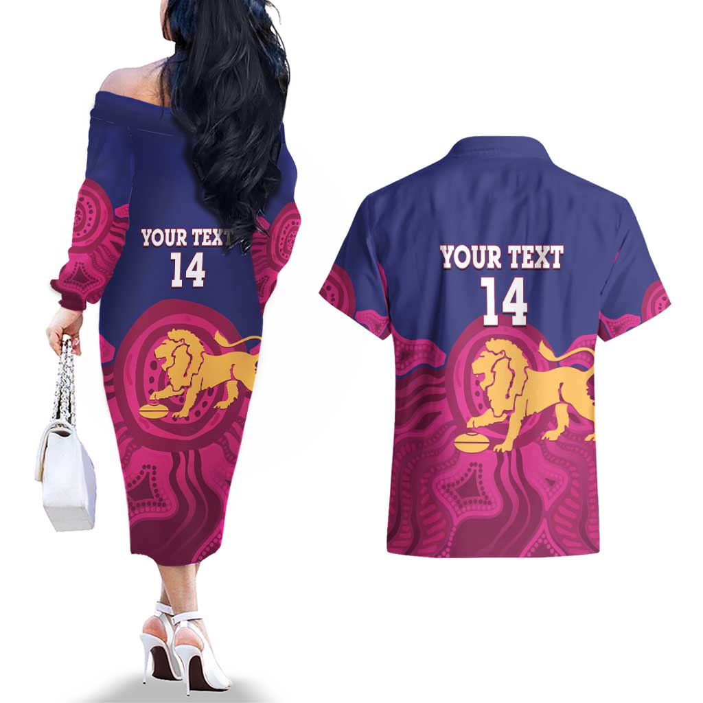 AFL Lions Football Custom Couples Matching Off The Shoulder Long Sleeve Dress and Hawaiian Shirt Brisbane Premiers Back To Back Proud - Aussie Hoodie