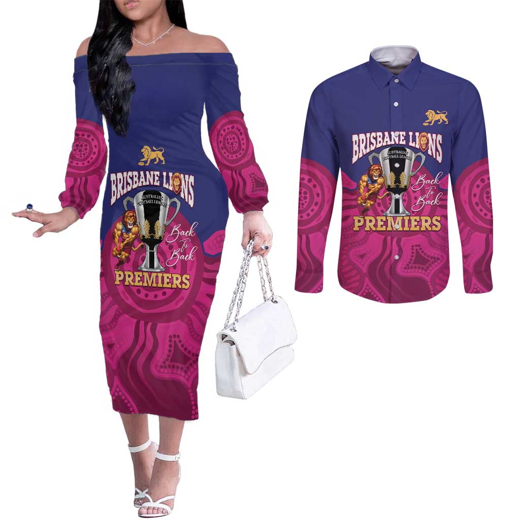 AFL Lions Football Custom Couples Matching Off The Shoulder Long Sleeve Dress and Long Sleeve Button Shirt Brisbane Premiers Back To Back Proud - Aussie Hoodie