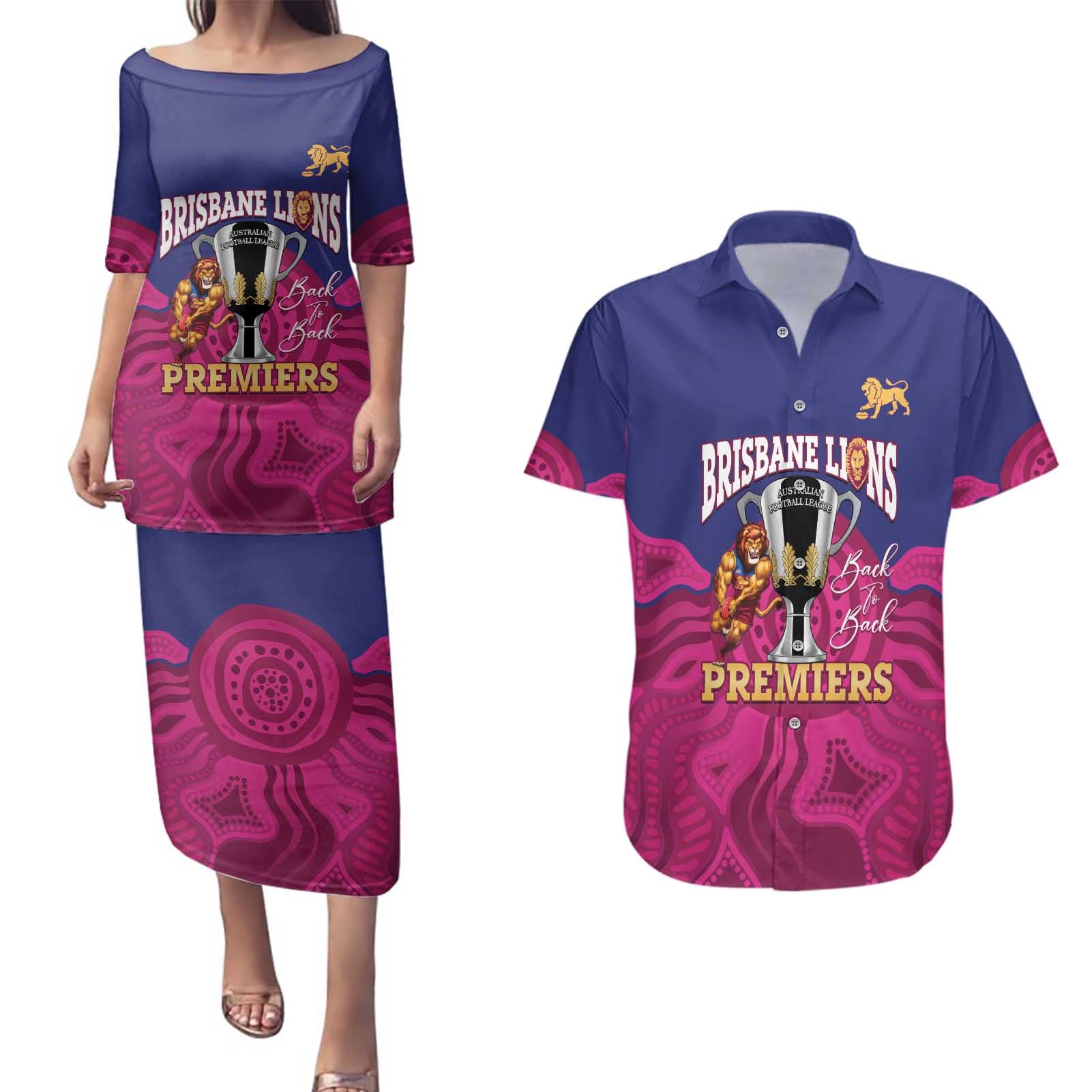 AFL Lions Football Custom Couples Matching Puletasi and Hawaiian Shirt Brisbane Premiers Back To Back Proud - Aussie Hoodie