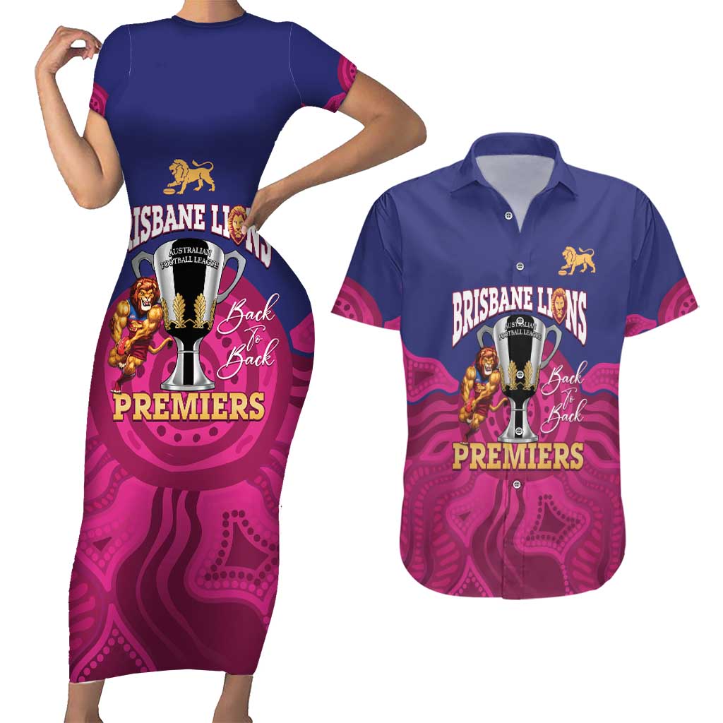 AFL Lions Football Custom Couples Matching Short Sleeve Bodycon Dress and Hawaiian Shirt Brisbane Premiers Back To Back Proud - Aussie Hoodie