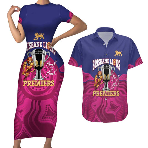AFL Lions Football Custom Couples Matching Short Sleeve Bodycon Dress and Hawaiian Shirt Brisbane Premiers Back To Back Proud - Aussie Hoodie