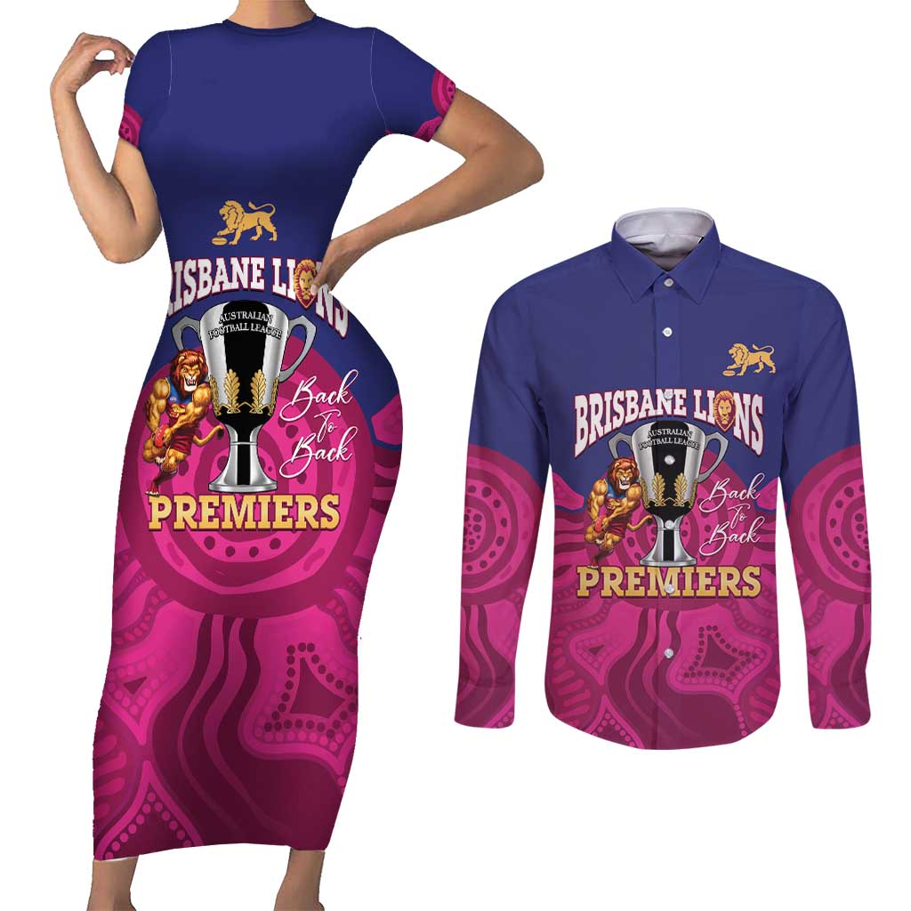 AFL Lions Football Custom Couples Matching Short Sleeve Bodycon Dress and Long Sleeve Button Shirt Brisbane Premiers Back To Back Proud - Aussie Hoodie