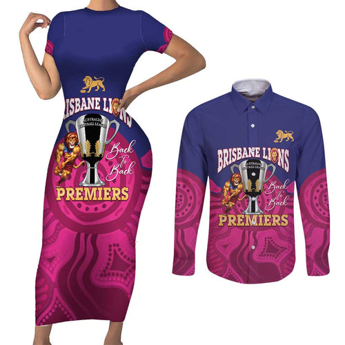 AFL Lions Football Custom Couples Matching Short Sleeve Bodycon Dress and Long Sleeve Button Shirt Brisbane Premiers Back To Back Proud - Aussie Hoodie