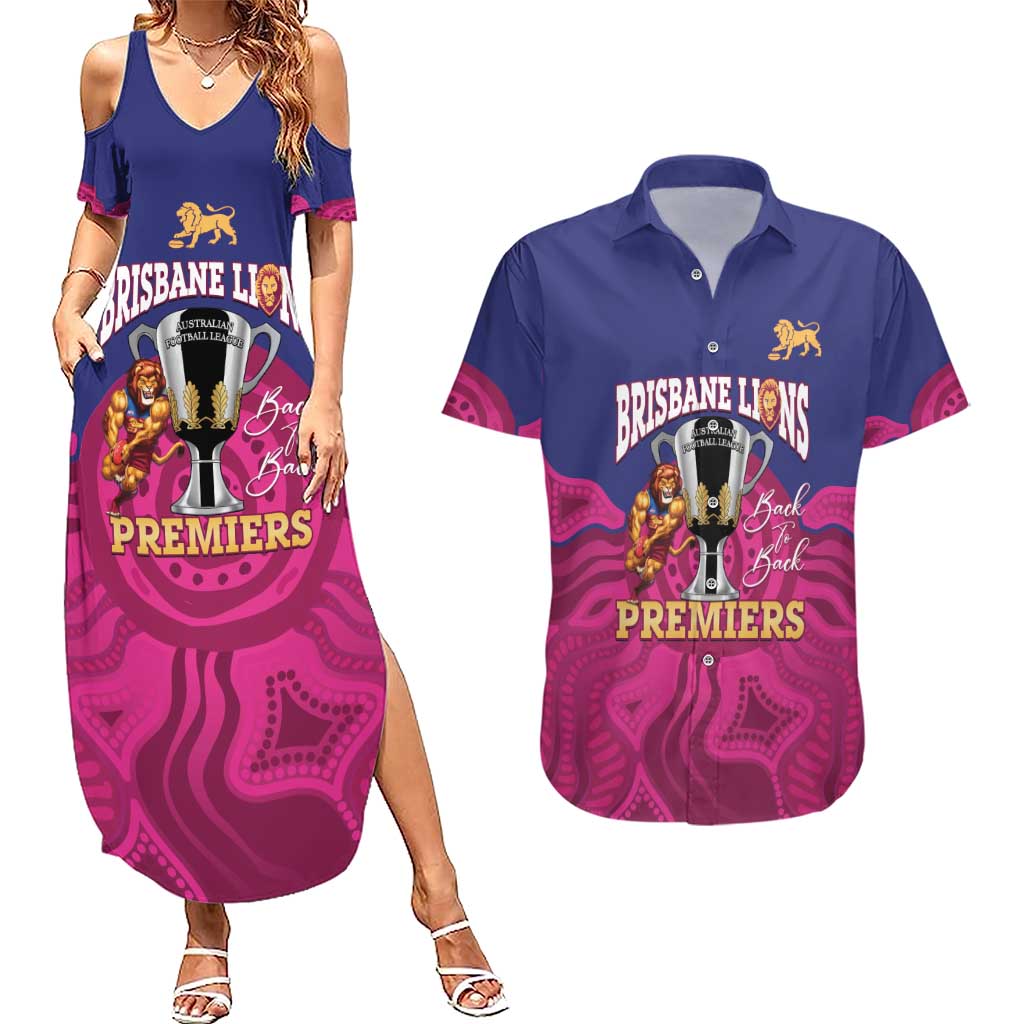 AFL Lions Football Custom Couples Matching Summer Maxi Dress and Hawaiian Shirt Brisbane Premiers Back To Back Proud - Aussie Hoodie