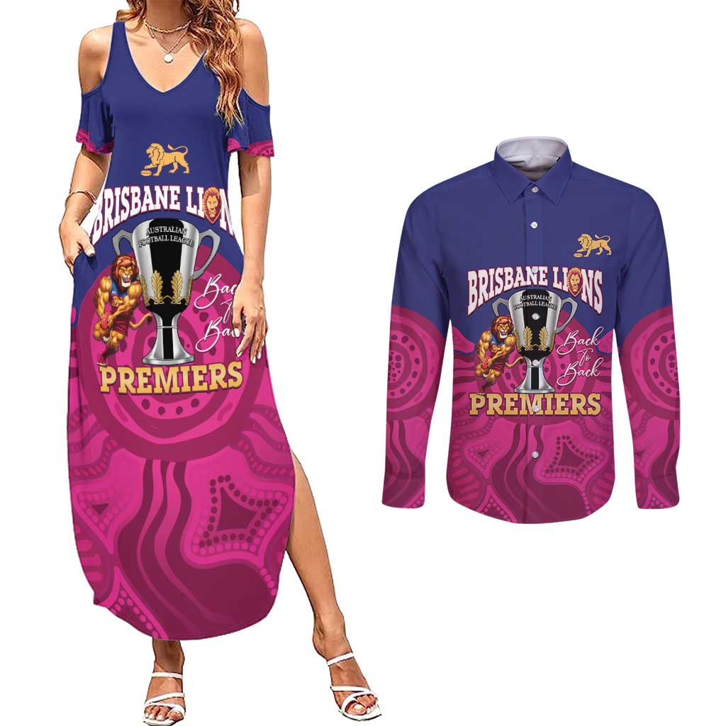 AFL Lions Football Custom Couples Matching Summer Maxi Dress and Long Sleeve Button Shirt Brisbane Premiers Back To Back Proud - Aussie Hoodie