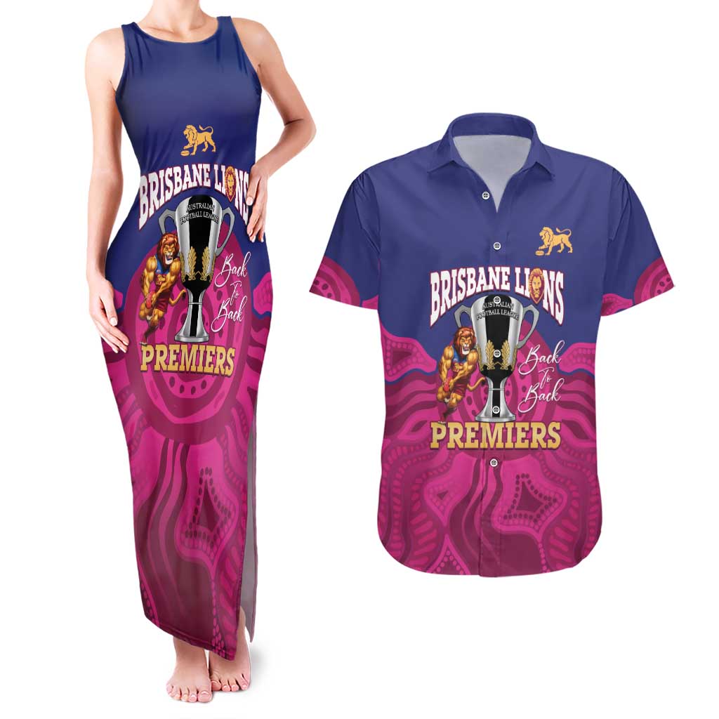 AFL Lions Football Custom Couples Matching Tank Maxi Dress and Hawaiian Shirt Brisbane Premiers Back To Back Proud - Aussie Hoodie