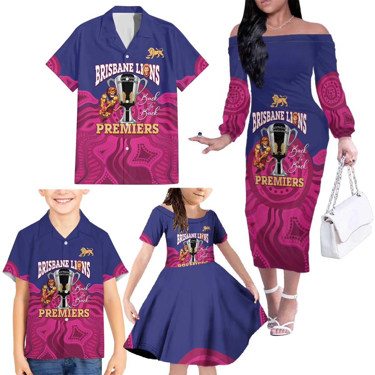 AFL Lions Football Custom Family Matching Off The Shoulder Long Sleeve Dress and Hawaiian Shirt Brisbane Premiers Back To Back Proud - Aussie Hoodie
