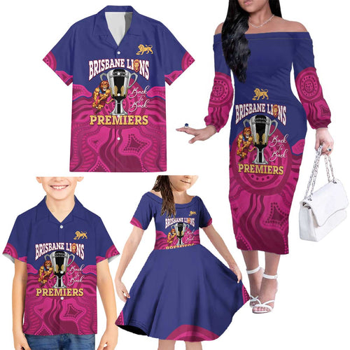 AFL Lions Football Custom Family Matching Off The Shoulder Long Sleeve Dress and Hawaiian Shirt Brisbane Premiers Back To Back Proud - Aussie Hoodie