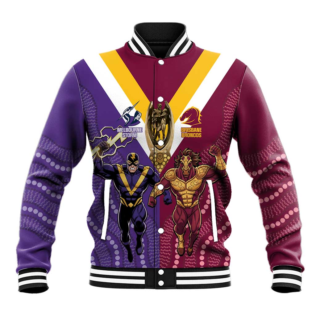 Storm And Broncos Rugby Custom Baseball Jacket Melbourne Brisbane Final Together Mascots Style - Aussie Hoodie