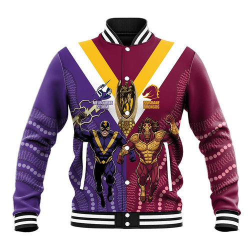 Storm And Broncos Rugby Custom Baseball Jacket Melbourne Brisbane Final Together Mascots Style - Aussie Hoodie