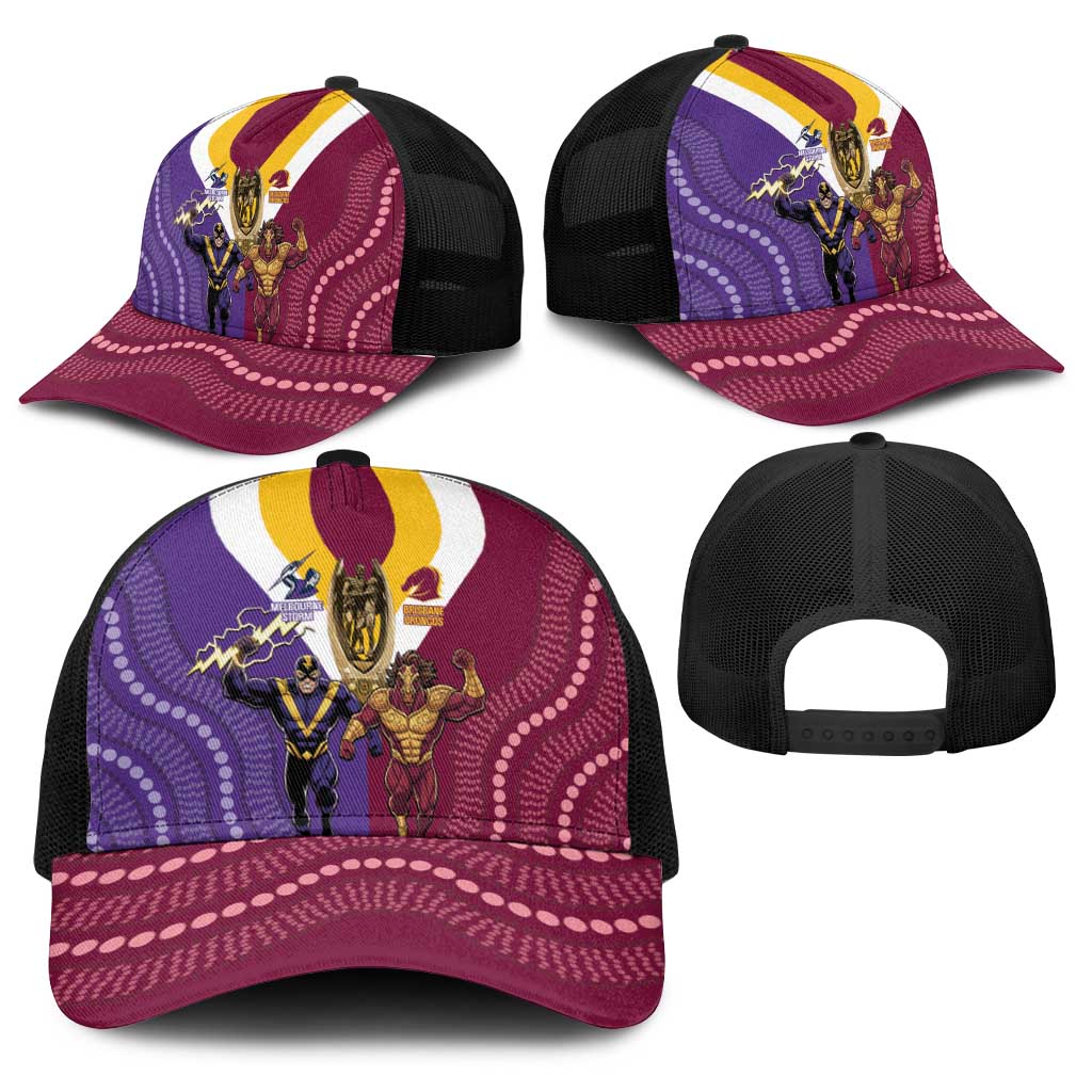 Storm And Broncos Rugby Baseball Net Cap Melbourne Brisbane Final Together Mascots Style - Aussie Hoodie