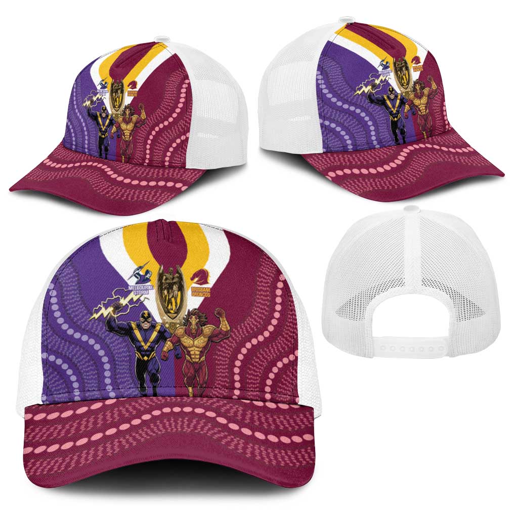 Storm And Broncos Rugby Baseball Net Cap Melbourne Brisbane Final Together Mascots Style - Aussie Hoodie