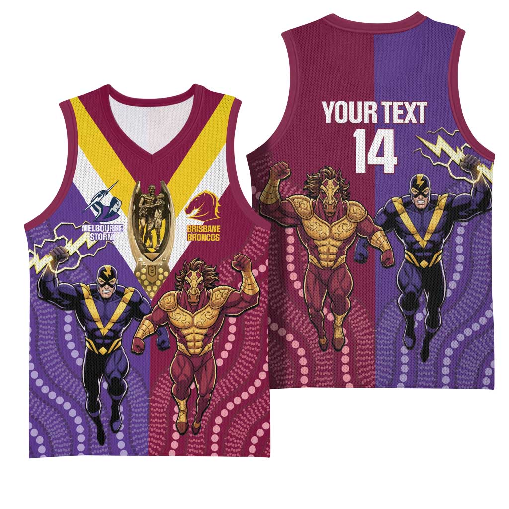 Storm And Broncos Rugby Custom Basketball Jersey Melbourne Brisbane Final Together Mascots Style - Aussie Hoodie