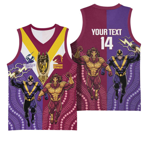 Storm And Broncos Rugby Custom Basketball Jersey Melbourne Brisbane Final Together Mascots Style - Aussie Hoodie