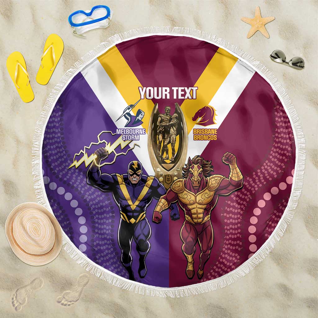 Storm And Broncos Rugby Custom Beach Blanket Melbourne Brisbane Final Together Mascots Style - Aussie Hoodie