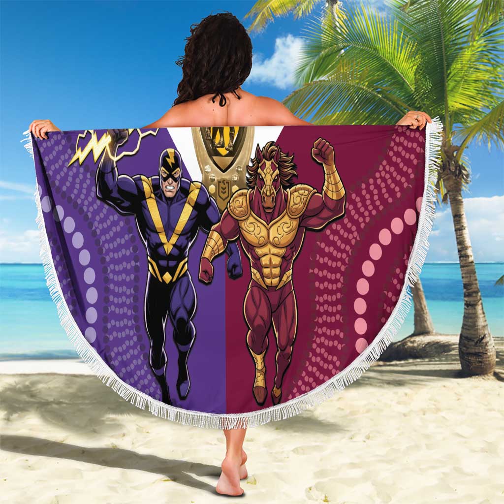 Storm And Broncos Rugby Custom Beach Blanket Melbourne Brisbane Final Together Mascots Style - Aussie Hoodie