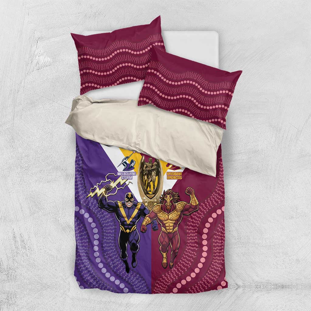 Storm And Broncos Rugby Custom Bedding Set Melbourne Brisbane Final Together Mascots Style - Aussie Hoodie