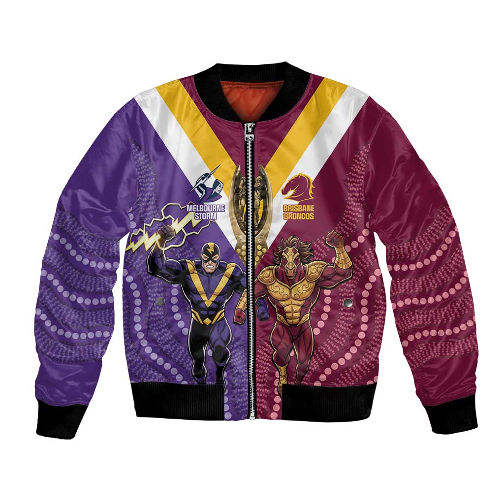 Storm And Broncos Rugby Custom Bomber Jacket Melbourne Brisbane Final Together Mascots Style - Aussie Hoodie