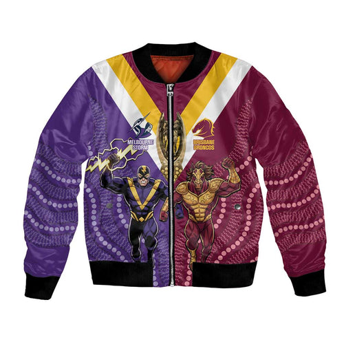 Storm And Broncos Rugby Custom Bomber Jacket Melbourne Brisbane Final Together Mascots Style - Aussie Hoodie