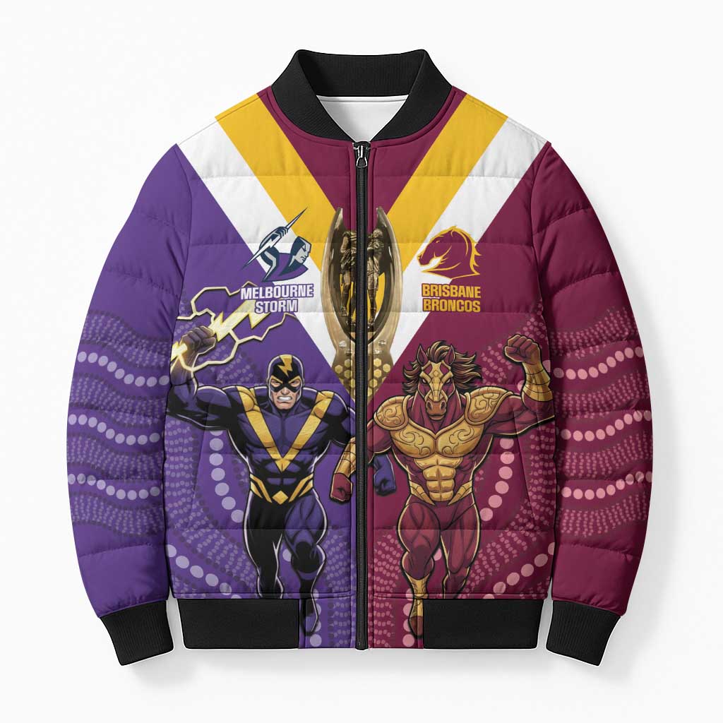 Storm And Broncos Rugby Custom Bomber Puffer Jacket Melbourne Brisbane Final Together Mascots Style - Aussie Hoodie