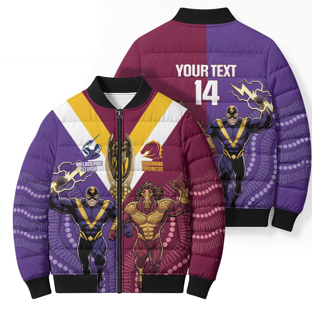 Storm And Broncos Rugby Custom Bomber Puffer Jacket Melbourne Brisbane Final Together Mascots Style - Aussie Hoodie