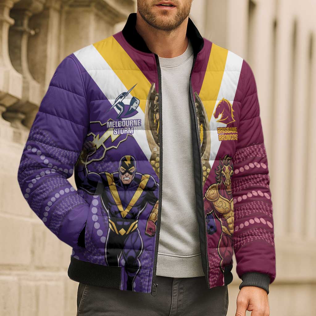 Storm And Broncos Rugby Custom Bomber Puffer Jacket Melbourne Brisbane Final Together Mascots Style - Aussie Hoodie