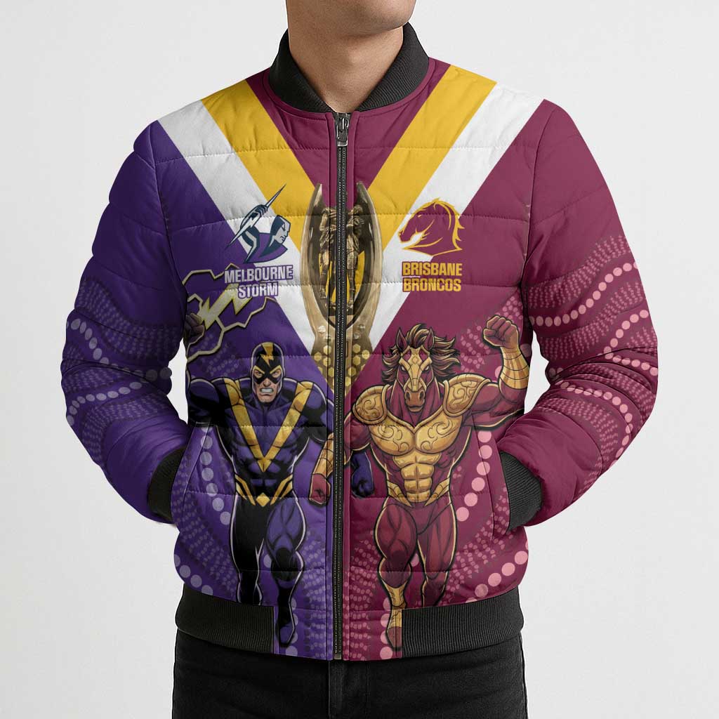 Storm And Broncos Rugby Custom Bomber Puffer Jacket Melbourne Brisbane Final Together Mascots Style - Aussie Hoodie