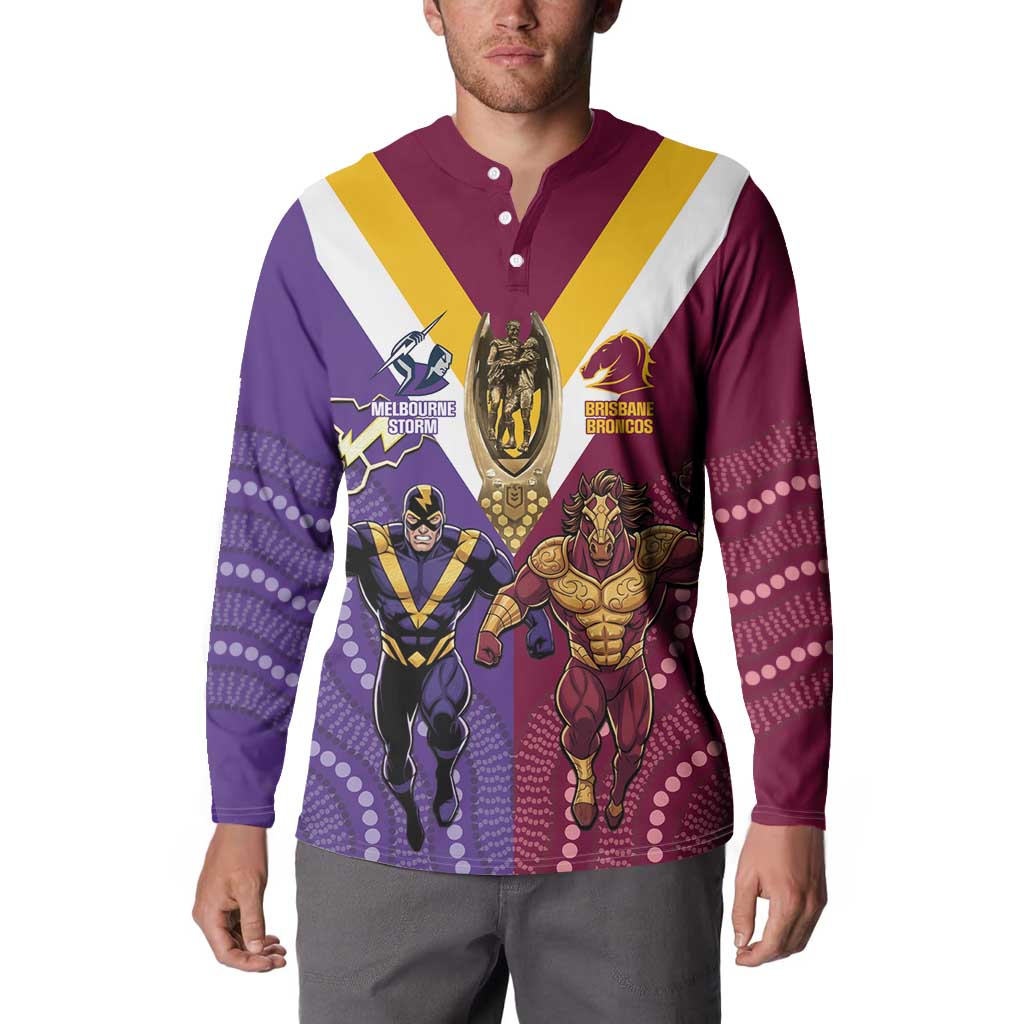Storm And Broncos Rugby Custom Button Sweatshirt Melbourne Brisbane Final Together Mascots Style - Aussie Hoodie
