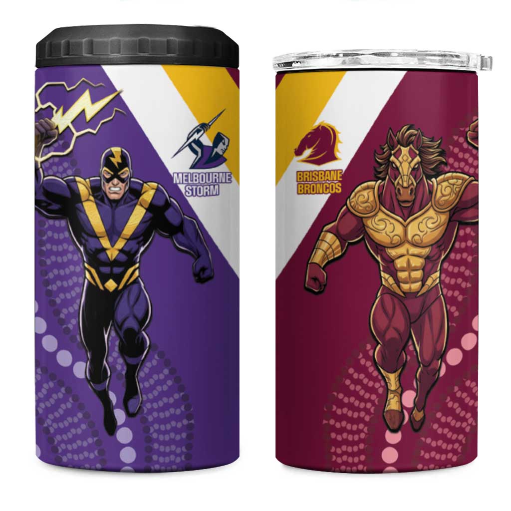 Storm And Broncos Rugby Custom 4 in 1 Can Cooler Tumbler Melbourne Brisbane Final Together Mascots Style - Aussie Hoodie